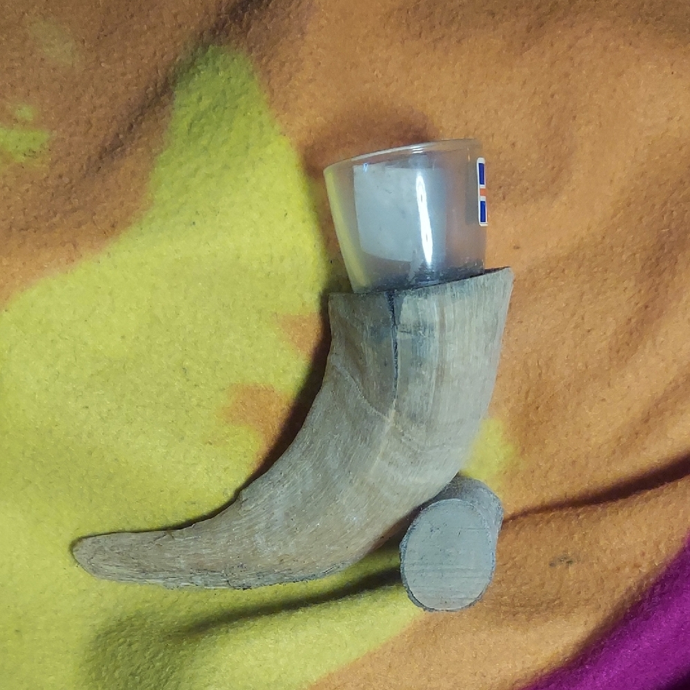 Bizare Vintage Euro Birchwood  Bovine Horn Shot Glass On Wood Stand